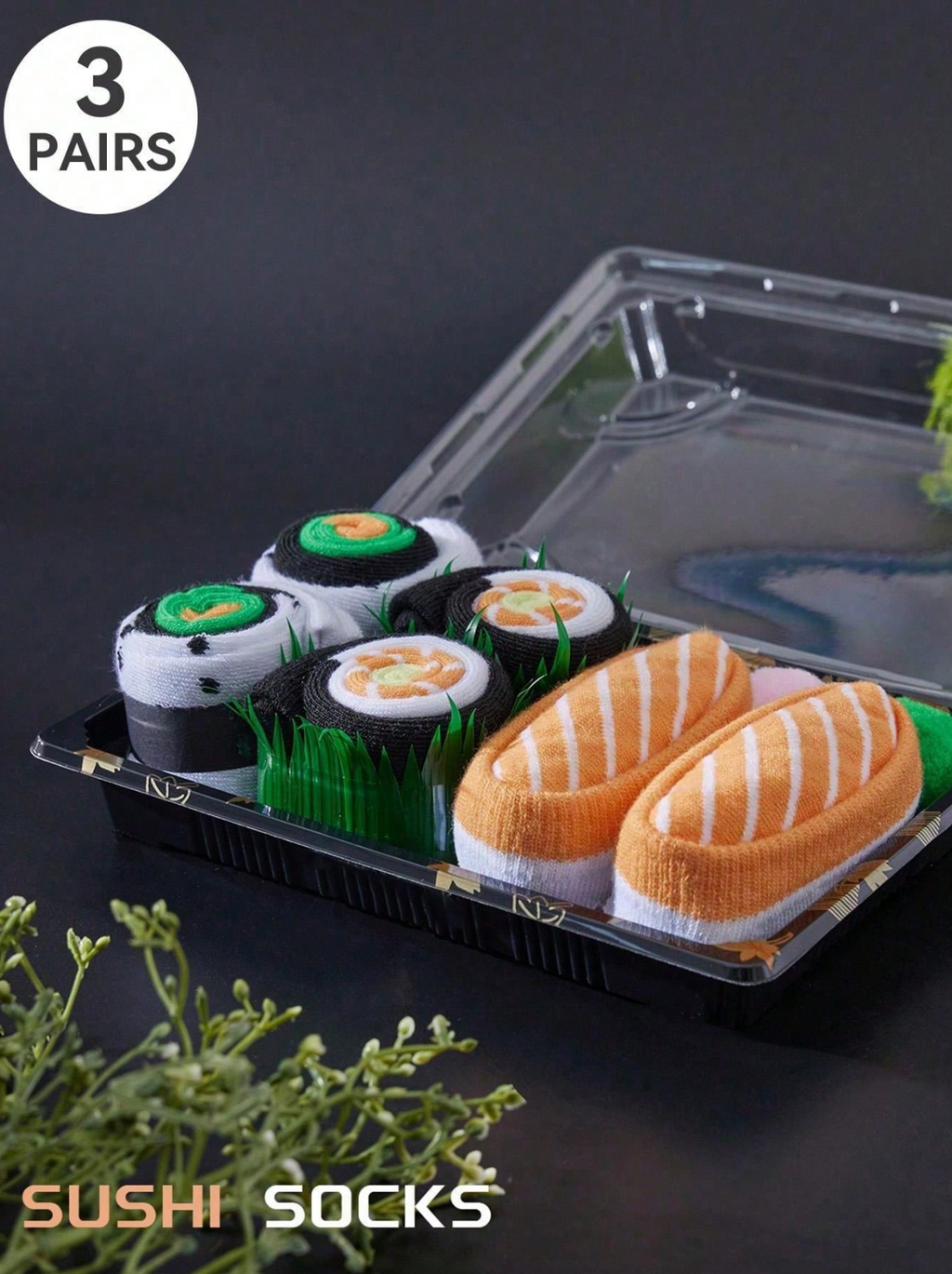 3 Pairs Sushi Design Mid-Calf Socks, Unisex Couple Combo Pack