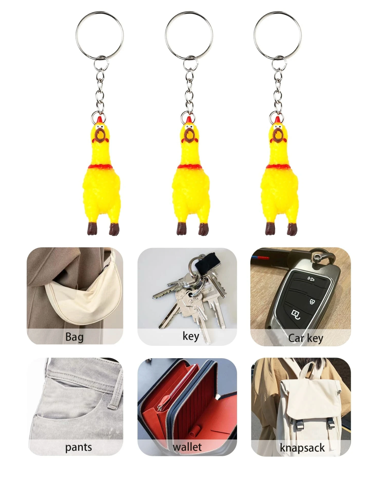 Squeaky Screaming Chicken Keychain Prank Novelty Funny Mini Rubber Squeeze Screaming