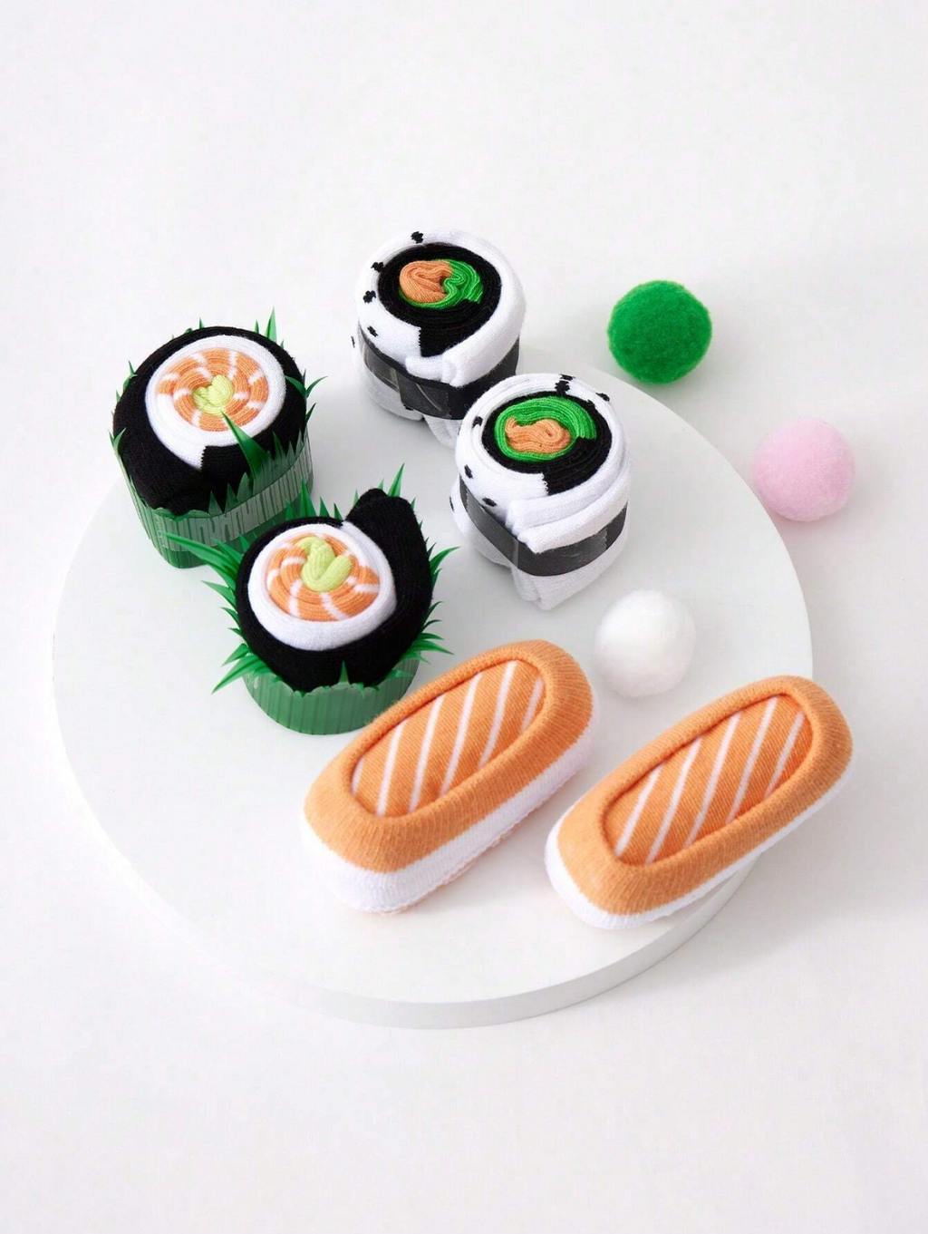 3 Pairs Sushi Design Mid-Calf Socks, Unisex Couple Combo Pack